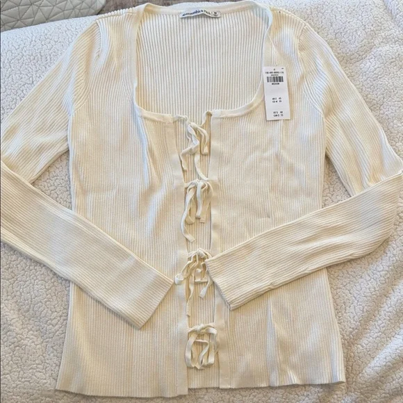 Abercrombie & Fitch Cream Ribbed Tie-Front Long Sleeve Cardigan - Picture 1 of 5